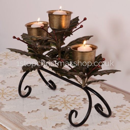Holly Leaves Triple Tea Light & Votive Candle Holder - XM2863