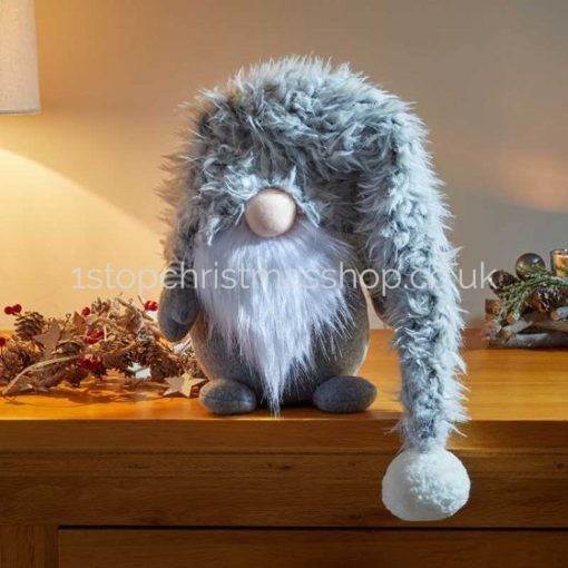Sitting Plush Super-Furry Nordic Santa Gonk Scandi Christmas Decoration - Wilbert - Grey & White - Image 2